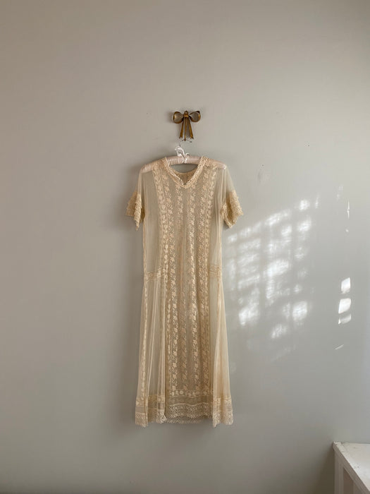Ethereal 1920's Hand Embroidered Net Dress / Medium