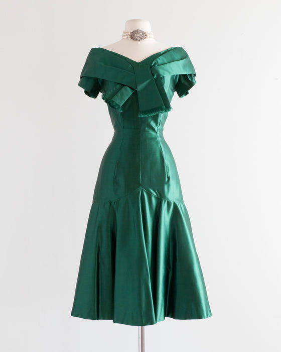 Stunning Emerald Green 1950’s Silk Cocktail Dress by Elfreda / xs
