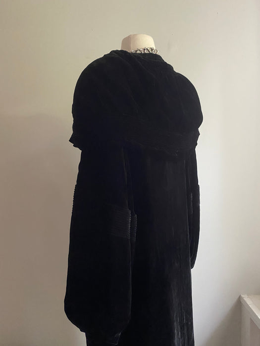 Luxurious 1920's Black Silk Velvet Opera Coat With Shawl Collar / SM