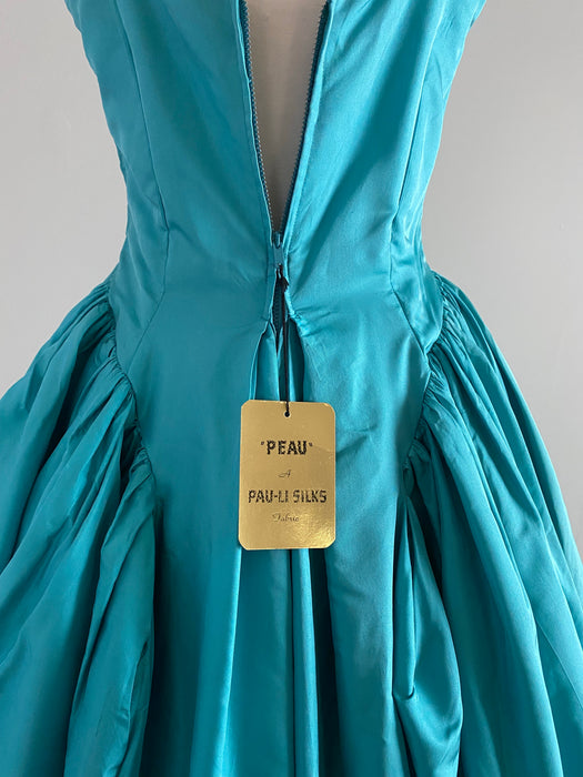 1950's Peacock Blue Silk Ball Gown By Mollie Stone / Waist 25