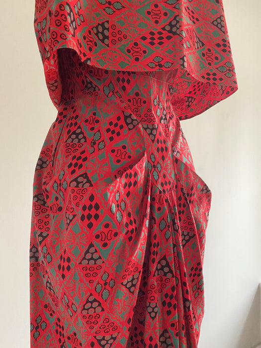 Glamorous 1940's Red & Green Cotton Gown And Wrap / Small