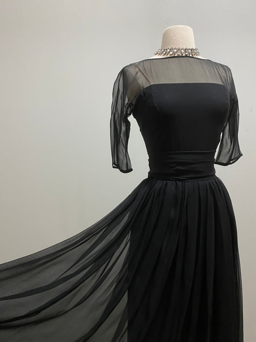 1950's Suzy Perette Black Silk Chiffon Party Dress / Small