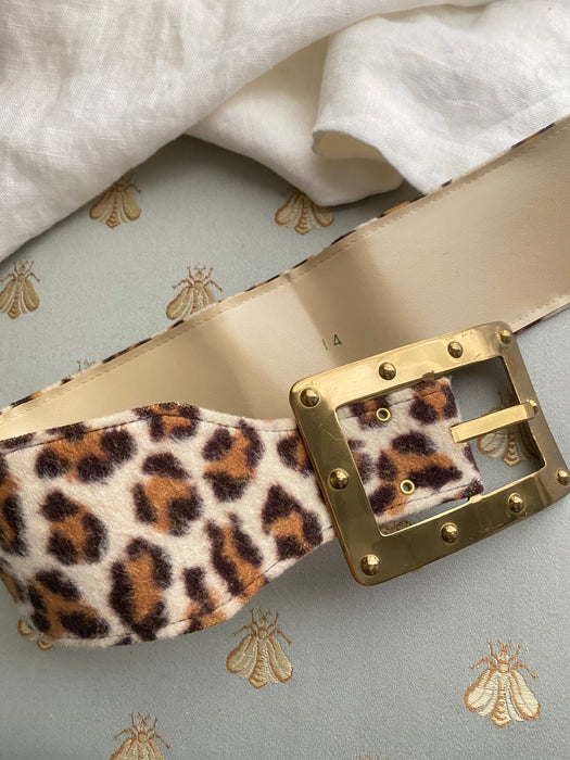 Vintage Leopard Print Belt With Brass Buckle / Medium