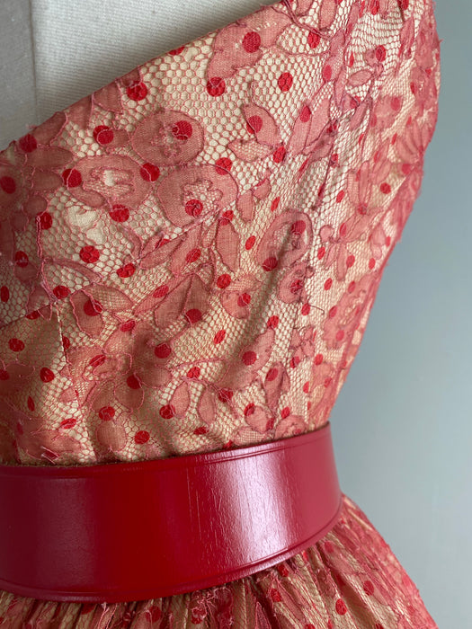 Vintage 1950's Cotton Polka Dot Halter Dress With Lace Overlay / Waist 24