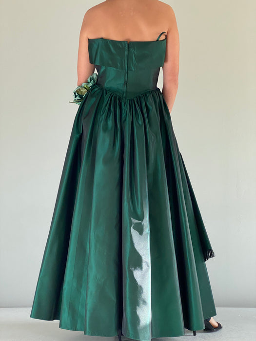 Spectacular 1950's Emerald Green Taffeta Evening Gown / Size Large