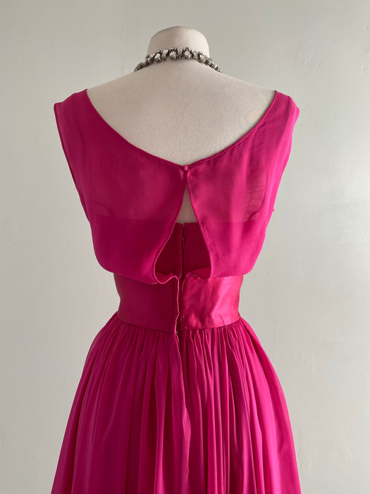 Stunning 1950's Helena Barbieri SHOCKING Pink Silk Chiffon Cocktail Dress / Waist 27
