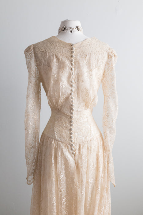 Exquisite 1930's Champagne Lace Wedding Gown With / Waist 28"