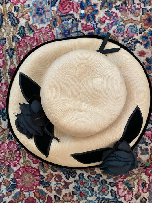 Fabulous 1950's Straw Cartwheel Hat With Black Velvet Trim and Flowers by Sonni
