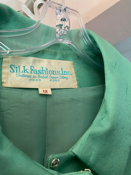 Sophisticated 1960's Shantung Silk Dress & Jacket in Bottle Green / Med