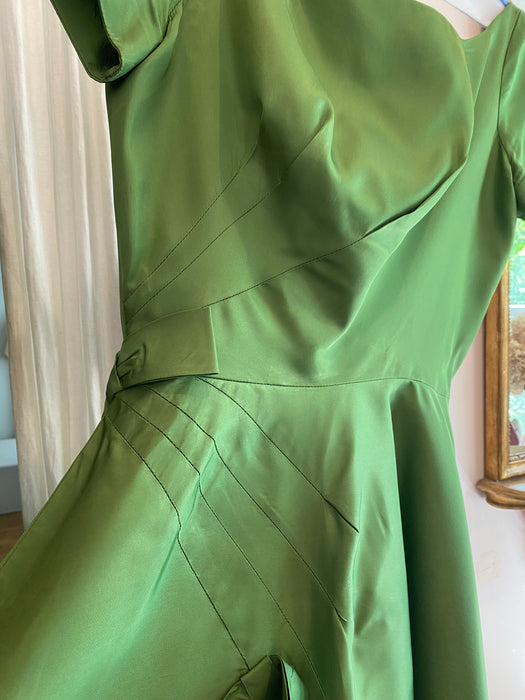 Fabulous 1950's Moss Green Party Dress With Bows / Waist 27