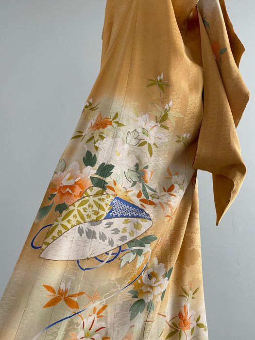 Vintage 1930's Yellow Ochre Silk Kimono Wrapper / OS