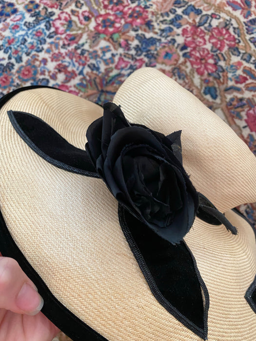 Fabulous 1950's Straw Cartwheel Hat With Black Velvet Trim and Flowers by Sonni