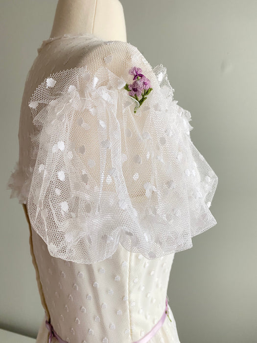 1970's Swiss Dot Wedding Gown With Violets And Ribbons / Small
