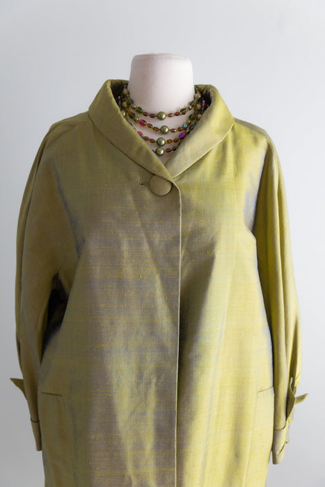 Stunning 1950's Star of Siam Iridescent Autumn Green Silk Cocoon Coat / ML