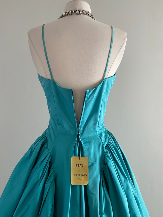 1950's Peacock Blue Silk Ball Gown By Mollie Stone / Waist 25