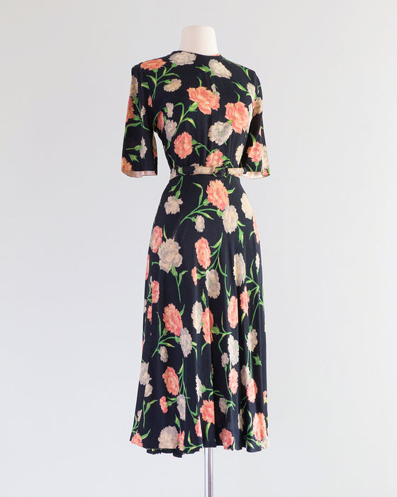 Beautiful 1940's Navy Blue Rayon Dress With Carnations by Hannah Troy / Medium