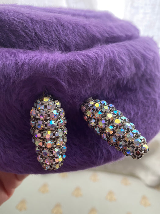 Adorable 1960's Violet Fur Felt Cocktail Hat With Rhinestones